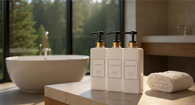 Modern Gold Design Large 27 oz Shampoo and Conditioner Dispensers - Empty Plastic Refillable Pump Bottle Set for Bathroom Shower Soap Dispenser, Gift Box Included, Set of 3 (Black)