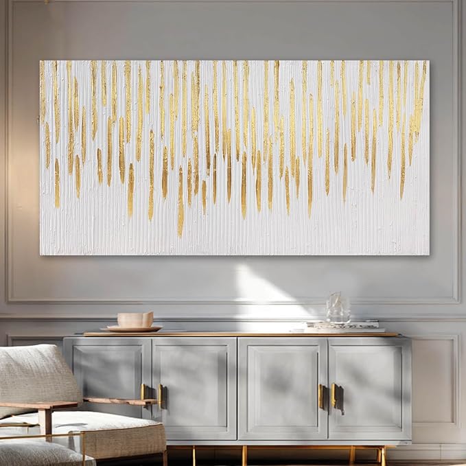 White And Gold Wall Art Abstract Pictures Hand Drawn Paintings Framed Canvas Arts 29"x58" for Living Room Office