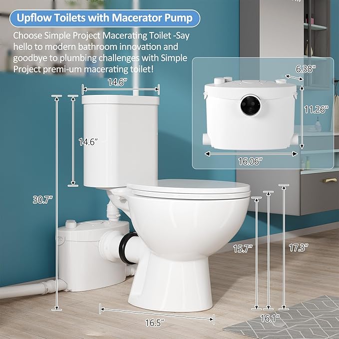 Simple Project Upflush Toilet for Basement, Macerating Toilets System with 600W Macerator Pump, Toilet Bowl with AC Vent & 4 Water Inltes & Water Tank, Extension Pipe, Quiet Operation, Space Saving