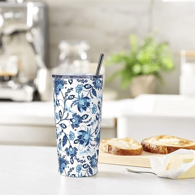 Blue White Porcelain Pattern Tumbler,Ceramics Flower 20oz Stainless Steel Insulated Travel Tumblers,Travel Coffee Mug with Lid and Straw Water Bottle Drink Cups Gifts for Women Men Lovers