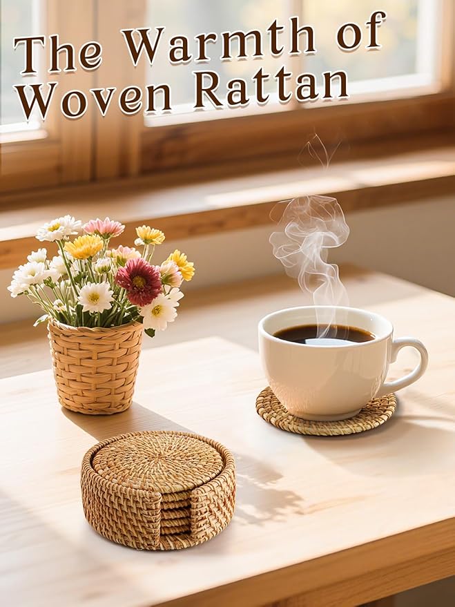 6pcs Natural Handmade Rattan Coasters with Holder - Wicker Drink Coasters Set for Protecting Table, Housewarming Gifts Boho Fall Home Decor