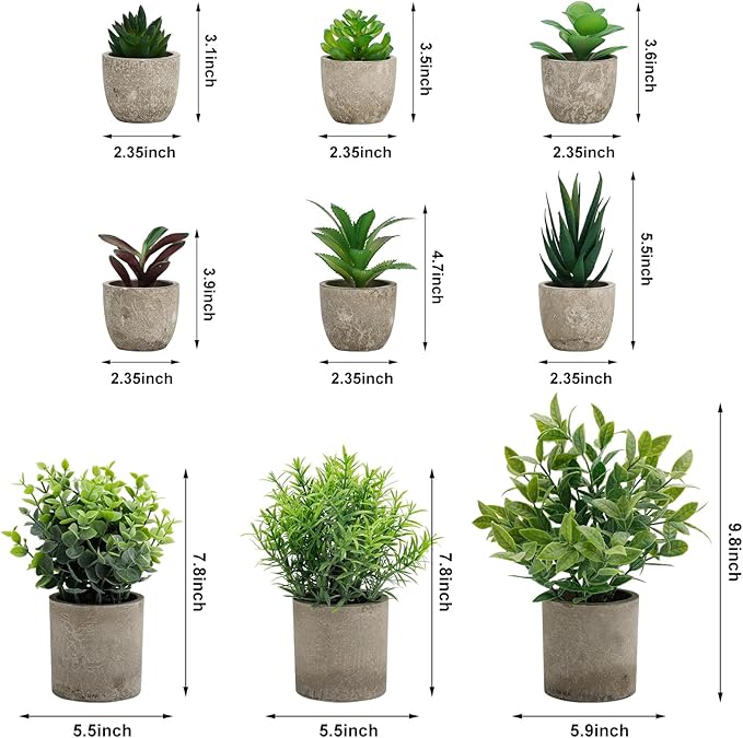 Artificial Potted Plants Faux Greenery in Cement Pots for Shelf, Bookshelf, Office or Home Decor, Small Decorative Fake Plants for Modern Indoor Display (9, XXXL)
