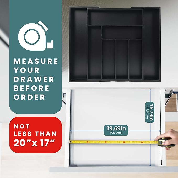 Sben Expandable Drawer Organizer for Utensils Holder, Adjustable Cutlery Tray, Wood Drawer Dividers Organizer for Silverware, Flatware, Knives for Kitchen (Black)