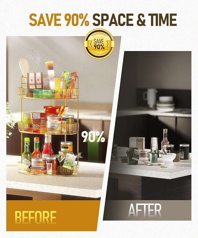 3-Tier Corner Bathroom Counter Organizer Makeup Cosmetic Storage, Tool-Free Installation Acrylic Vanity Shelf, Countertop Storage Organizers Perfume Tray for Bathroom, Dresser, Kitchen (Gold)