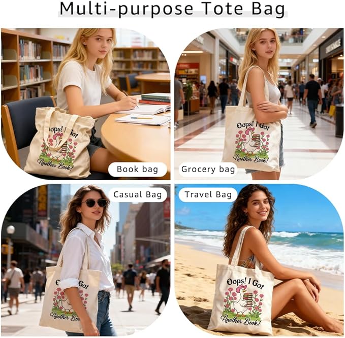 Oops I Got Another Book Women Canvas Tote Bag, Cute Goose Theme Reusable Bag for Shopping Grocery, Appreciation Christmas Birthday Gifts for Teacher Librarian Render Mom Book Lover Bookworm