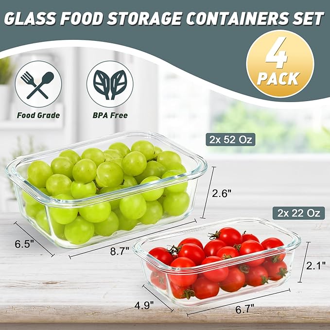 KOMUEE 52oz & 22oz Glass Food Storage Containers Set with Airtight Lids, BPA-Free, 4 Pack Meal Prep Containers for Baking, Serving - Freezer, Microwave, Oven, Dishwasher Safe
