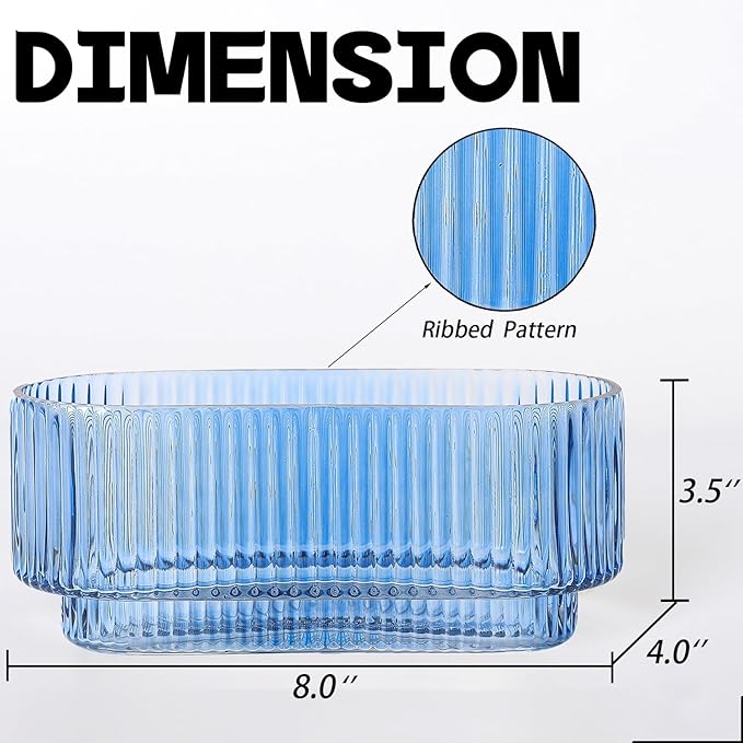 Ribbed Glass Vases, Small Vases for Flowers Set of 2, Blue Glass Vases, Vases for Centerpieces, Bud Vases, Rectangle Vases for Living Room, Bedroom, Kitchen, Dining Table, Shelf, Wedding