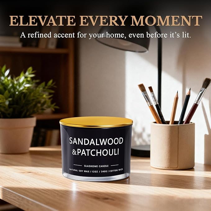 Patchouli Amber Candle, Large 3 Wick 12oz Soy Candle for Home Scented, Luxury Elegant Jar Candle Gift for Women & Men, Long-Lasting Non-Toxic Burn 60+ Hours, Warm Earthy Aromatherapy Home Décor