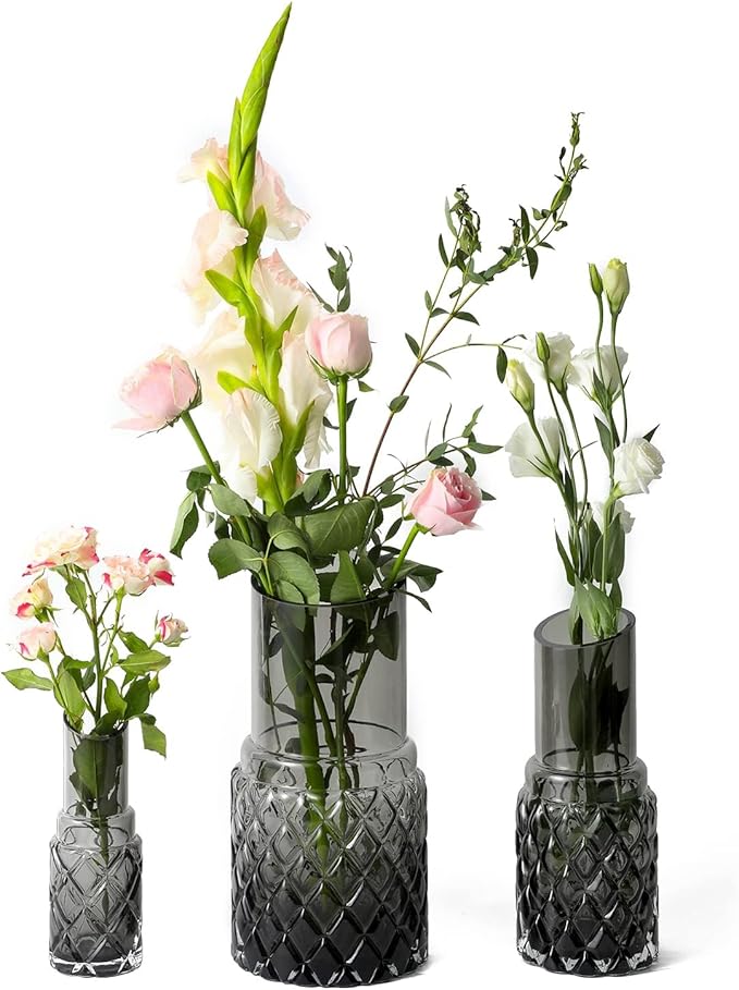 G Hand Blown Grey Glass Vases Set 3 Peiece for Large Medium Small for Modern Home Decor, Decorative Vase, Bedroom, Office, Living Room, Bathroom,Shelf Decor, Centerpiece Table Decorations