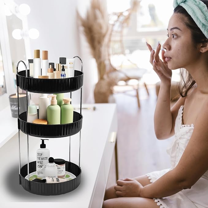 Rotating Makeup Organizer Countertop 3 Tier Lazy Susan Trays Spinning Skincare Perfume Storage for Bathroom Counter Vanity, Black