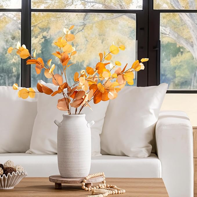 Large Flower Vase Home Decor - 12 inch Tall Ceramic Farmhouse Rustic Table Vases with Handle Living Room Decoration Decorative Rustic Pottery for Floor Kitchen Shelf Coffee Dining Desk Fireplace