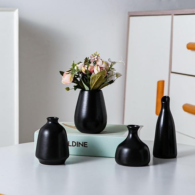 Black Ceramic Bud Vase Set of 11, Small Vases for Pampas Grass, Flowers, Mini Vases for Modern Home Decor, Minimalist Decor, for Living Room, Dining Table & Shelves