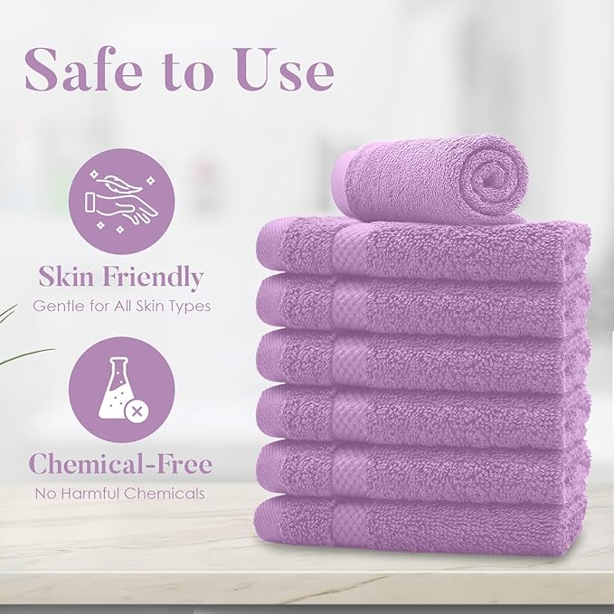 DAN RIVER 12-Pack Premium 100% Cotton Lavendar Face Towels – Reusable Face Towel Set, Soft & Absorbent Wash Rags for Bathroom & Body – Hand and Face Towels, 550 GSM (12x12 in)