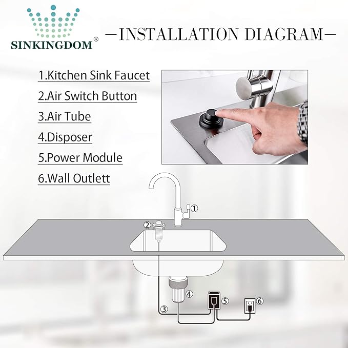 SinkTop Air Switch Kit with Matte Black Long Button (Full Brass) for Garbage Disposal, Single Outlet