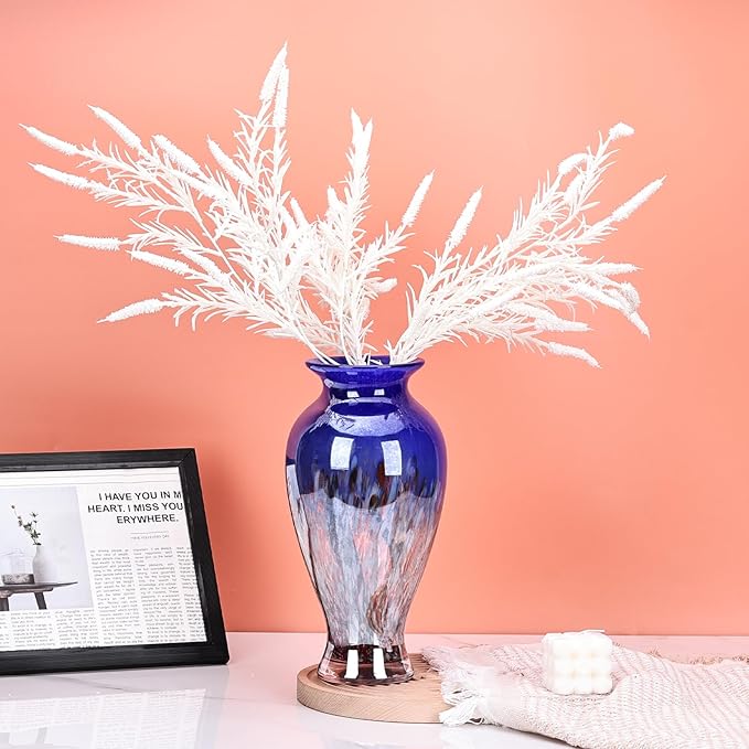 Hand Blown Glass Vase 11.8" Tall Beautiful Dark Blue Sea Wide Mouth Bud Vase for Table Centerpiece, Painted Colorful Murano Glass Flower Vases for - Home Entrance Wedding Center