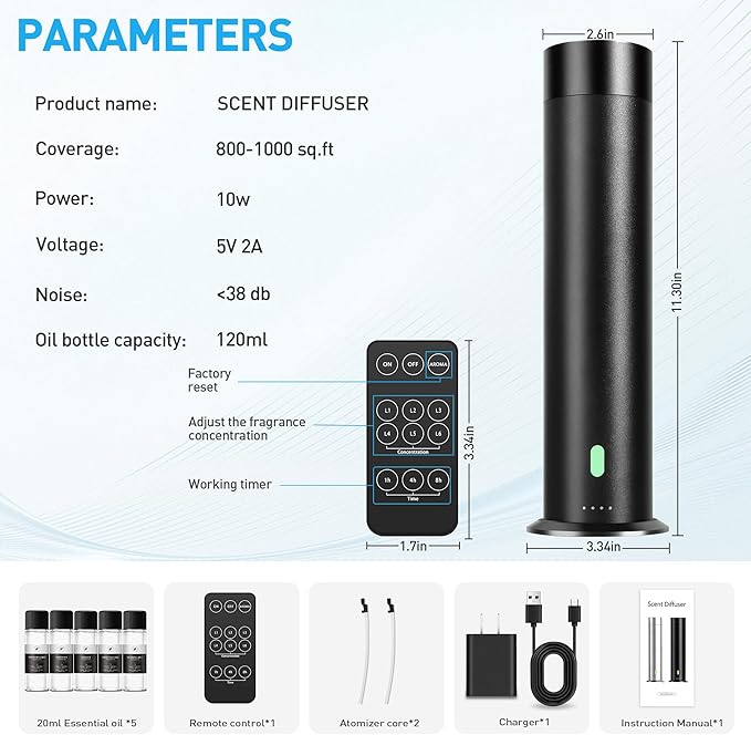 Waterless Scent Diffuser Starter Kit - 1000 Sq Ft Coverage, Hotel Scent Diffuser, Essential Oil Diffuser Large Room, Included 5 Scent Oils, Remote Control, Black, 11.30In