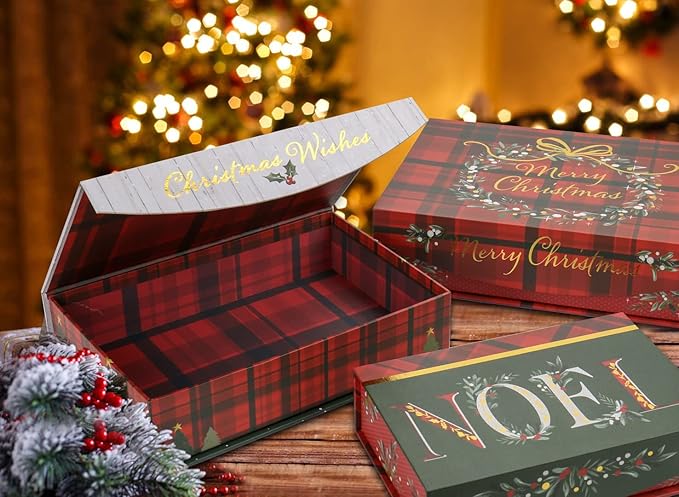 Christmas Gift Boxes with Lids for Presents Pack of 3 Gift Boxes Bulk Red White and Green in Assorted Designs Wrapping Robe Boxes Large Xmas Gift Boxes for Christmas Birthdays Wedding Wrap Gifts