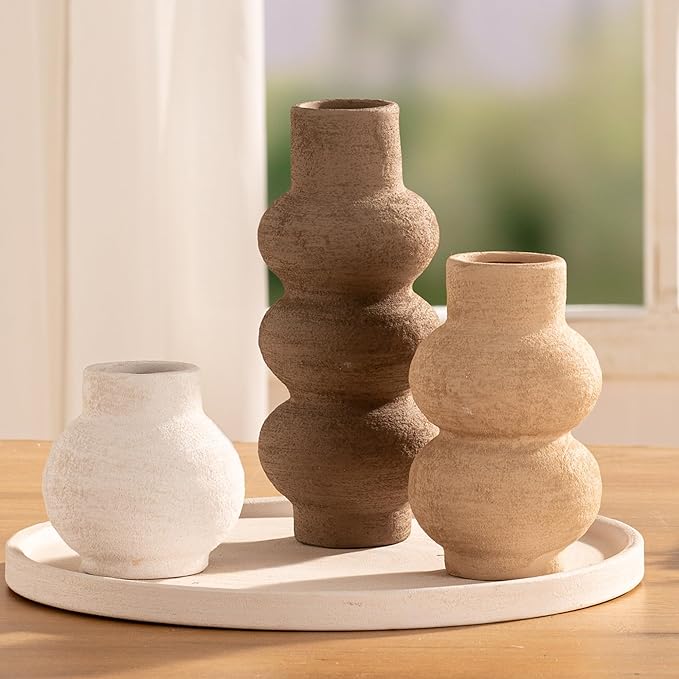 Ceramic Vase Home Table Decor - Flower Vase Set of 3 Living Room Kitchen Decorations Farmhouse Modern Rustic Vases Decorative Centerpiece for Shelf Bedroom Office Bathroom Dining Coffee Desk