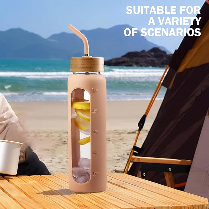 32oz Glass Water Bottle with Straw and 2 Lids- Bamboo and Spout Lid,Motivational Sports Water Bottle with Silicone Sleeve and Time Marker,Reusable for Gym, Outdoors, Amber