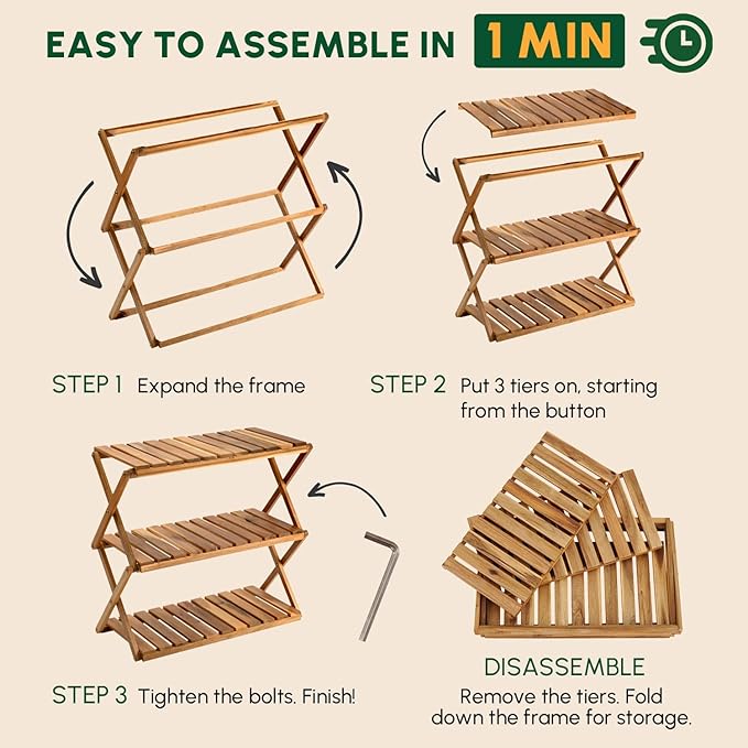 BEEFURNI Acacia Plant Stand Indoor, Wooden Outdoor Planter Stand, 3 Tier Succulent Shelf, Easy Assembly, Patio Balcony Sunroom Decor, Flower Garden Shelf, 1-year Manufacturer Warranty (Natural Wood)