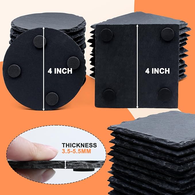 24 PCS Slate Drink Coasters, Cymuber 4 Inch Black Coasters Stone Cup Coaster Bulk Set, Laser Engraving Blanks Handmade Coaster for Halloween, Christmas, Home Decor Drink Bar Kitchen Gifts