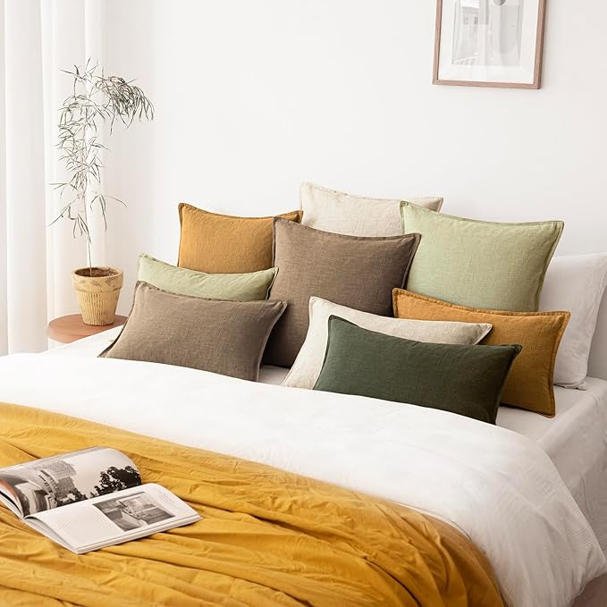 Foindtower Pack of 2, Decorative Linen Solid Throw Pillow Covers Accent Soft Cushion Case Farmhouse Boho Pillowcase for Couch Sofa Chair Bedroom Living Room Home Decor 18 x 18 Inch Light Sage Green