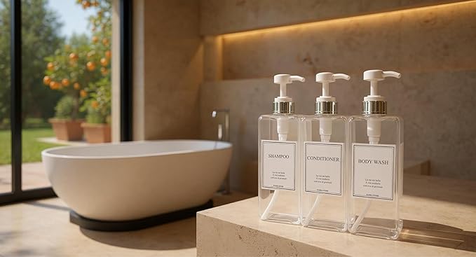 Modern Design 27 oz Shampoo and Conditioner Dispensers - Plastic Refillable Pump Bottle Set for Bathroom Shower Soap Dispenser, Gift Box Included, Set of 3 (Clear & Silver)