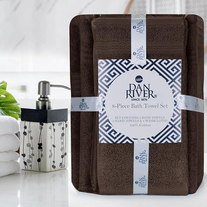 DAN RIVER 8 PC Luxury Bath Towels for Bathroom, 2 Bath, 2 Hand, and 4 Wash Cloths, 600 GSM 100% Ring Spun Cotton Towel Set, Highly Absorbent, Gym, Hotel, and Spa, Brown