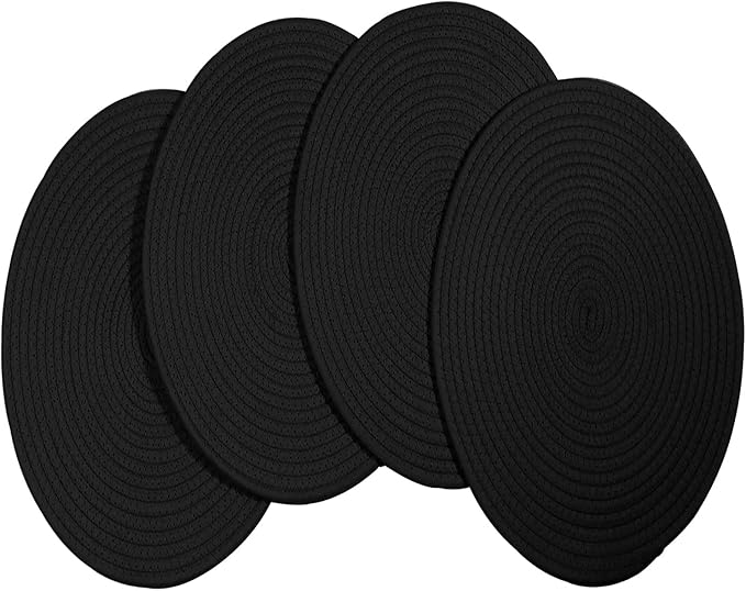 4 Pack Round Woven Placemats,13.8 inch Plate Chargers Black Thick Place Mats Cotton Rope Braided Tablemats Rattan Tablemats Black Weave Placemats for Dining Table