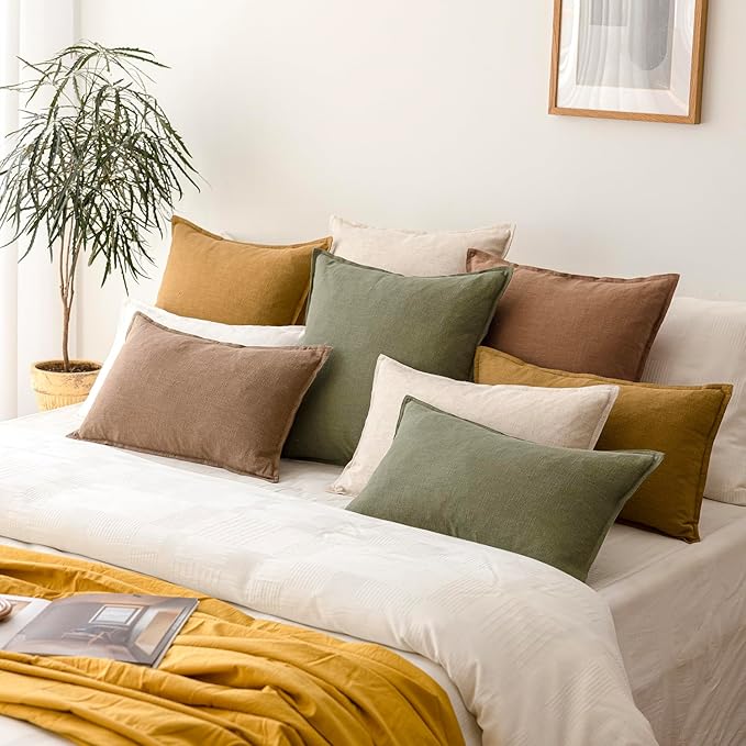 Foindtower Pack of 2, Decorative Linen Soild Throw Pillow Covers Soft Accent Lumbar Cushion Case Boho Farmhouse Pillowcase for Chair Couch Sofa Bedroom Living Room Home Decor 12 x 20 Inch Khaki Brown