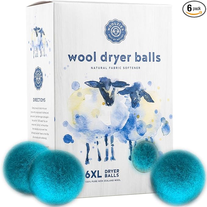 Woolzies Wool Dryer Balls Organic Big Wool Spheres Best Fabric Softener | 6-Pack XL Dryer Balls for Laundry is Made with New Zealand Wool | Use Laundry Balls for Dryer with Essential Oils (Blue)