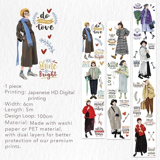 WT First Encounter Wide Washi Tape, Single Roll, Original Designs, Fashion Girls Decorative Tape, Modern Character Figures for Journaling, Bujo Planner Supplies, DIY Paper Tape
