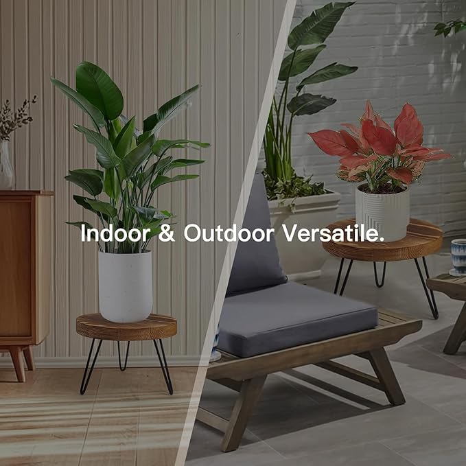 Plant Stand Indoor Outdoor, Wooden plant Stool, Mid Century Plant Stand for Indoor Plants, Wood Modern Plant Holder Rattan Flower, Low Short Boho Rustic Planter Stand Fit 5-15 Inch Pot (Walnut, L)