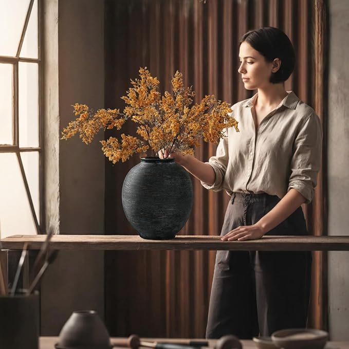 Large Black Ceramic Vase, 9.8 inch Round Minimalist Textured Flower Vase, Rustic Farmhouse Decor for Home, Living Room, Shelf, Table, Bathroom & Entryway Decoration (Black Bronze)