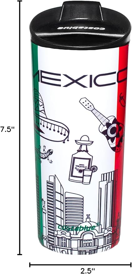 Mexico Vacuum Insulated Stainless Steel Thermal Travel Mug, 16 oz, Easy Clean, Flip leak Proof Lid Mexican Flag with Icons from Mexico…