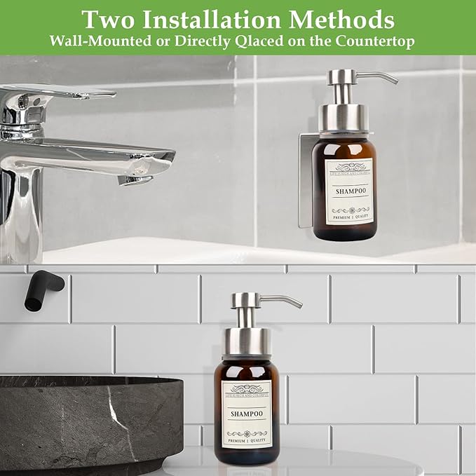 Hand Soap Dispenser,8.5 Oz Wall Mounted Shampoo and Conditioner Dispenser and Stainless Steel Bracket for with Waterproof Labels and Leakproof Pump(Silver Mount)