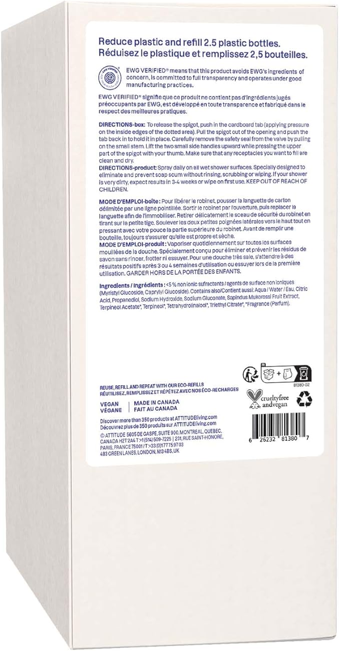 ATTITUDE Shower & Tile Cleaner Refill, EWG Verified, Plant-Based & Vegan Bathroom Spray, Removes Soap Scum & Grime, Citrus Zest Scent, 67.6 Fl Oz