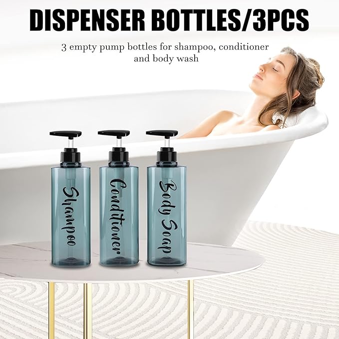 16.9oz Refillable Shower Soap Dispenser with Pump - 3 Chamber No Drill for Shampoo, Conditioner & Body Wash, Blue Clear Plastic Bottle Dispenser, Bathroom Organizer with 6 Waterproof Labels