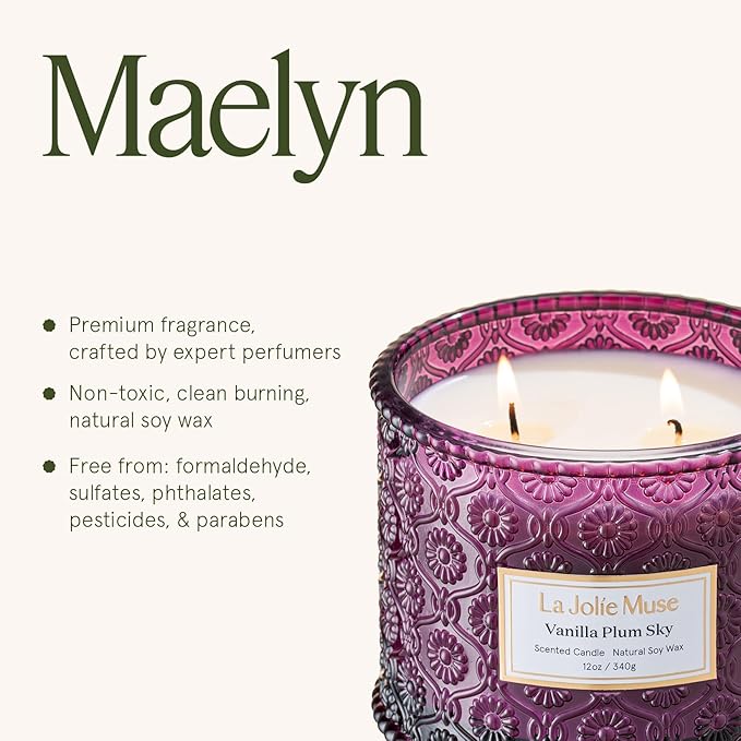 LA JOLIE MUSE Vanilla Plum Sky Candle - Coconut, Vanilla, Plum | 12 oz Large 2-Wick Soy Wax Candle | 60 Hours Clean Burn | Gift-Ready for Hosts & Gatherings | Elegant Home Decor