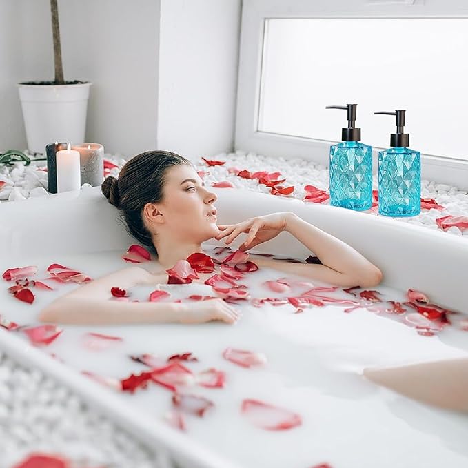 Clear Ocean Blue Glass Soap Dispenser with Plastic Pump, 2 Pack 12oz Diamond Design Bathroom Soap Dispenser for Hand Wash, Lotion Dispenser & Dish Soap Dispenser for Kitchen and Bathroom