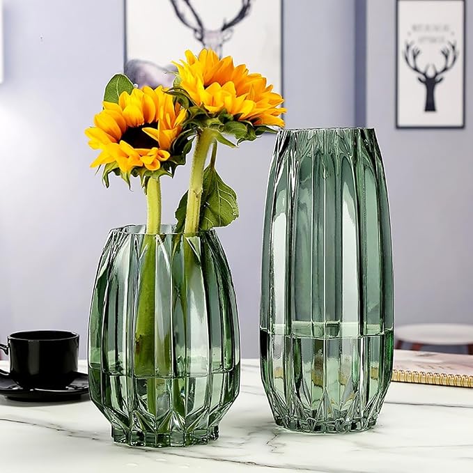 Green Glass Vase Modern Ribbed for Flowers, Candles, and Decorative Accents - Tall/Short Glass Vase for Centerpieces Home Table Decor(Green H8.0inch)