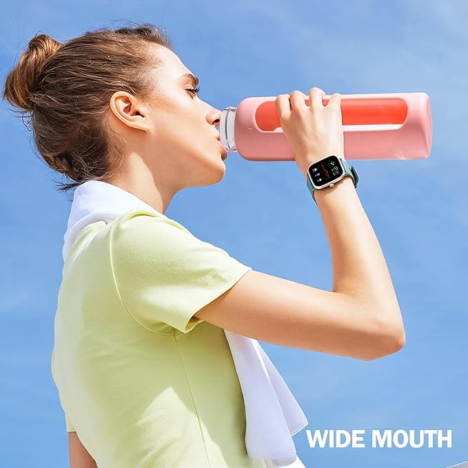 32oz Glass Water Bottle with Straw and 2 Lids- Bamboo and Spout Lid,Motivational Sports Water Bottle with Silicone Sleeve and Time Marker,Reusable for Gym, Outdoors, Pink