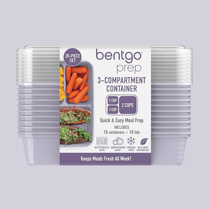 Bentgo Prep - 20-Piece 3-Compartment Reusable Meal Prep Containers with Lids, PFAS & BPA Free Materials, Durable, Microwave, Freezer, & Dishwasher Safe To Go Food Storage (Lilac)