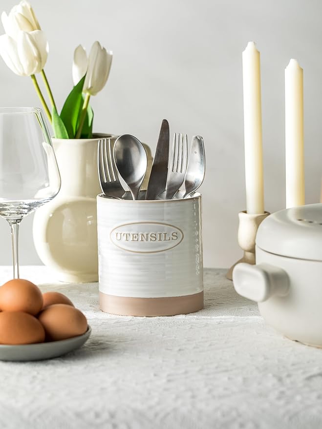 YHOSSEUN Utensil Holder Set of 2, Ceramic Utensil Holder for Kitchen Counter, 6.7"+5.1" Kitchen Utensil Crocks Spatula Holder for Countertop, Two-tone Finish Oval Opening