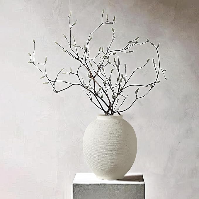Large White Ceramic Vase, 9.8 inch Round Minimalist Textured Vase, Rustic Farmhouse Decor for Home, Living Room, Shelf, Table, Wedding & Entryway Decoration (Sandstone White)