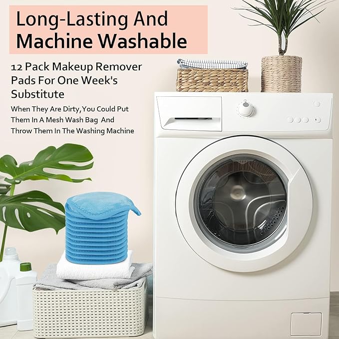 HOMEXCEL Makeup Remover Cloth 12 Count (Pack of 1), Reusable Makeup Remover Pads, Washable Ultra Soft Facial Cleansing Cloths For All Skin Types, 5 X 5 In, Blue