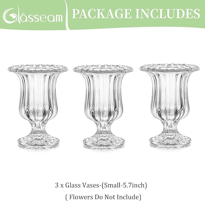 Glasseam Glass Vases for Decor, Small Compote Vase Set of 3, Ribbed Flower Vases for Centerpieces, Fluted Clear Crystal Pedestal Vase for Wedding Table Decorations, 5.7in