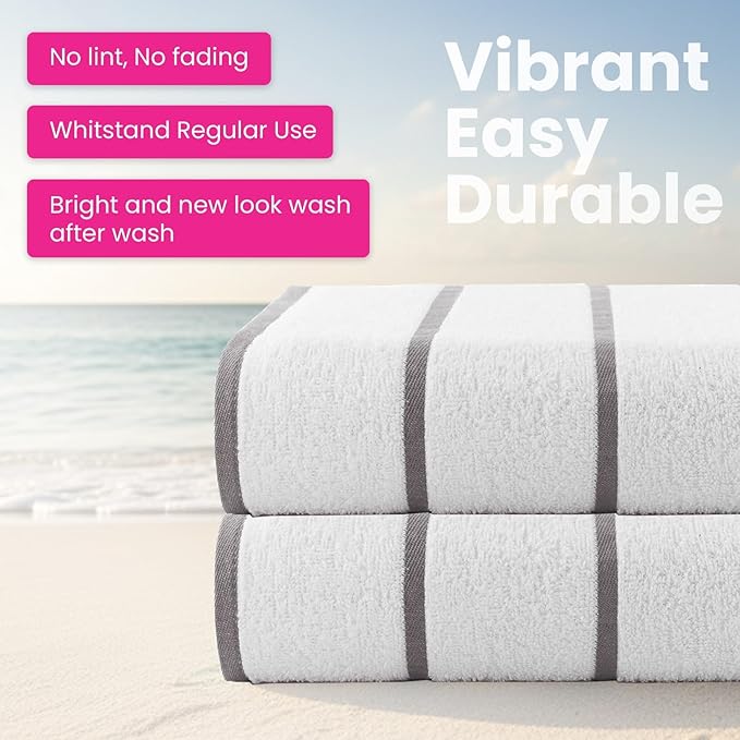 CASA COPENHAGEN Cabana Beach Towel Designed in Denmark Rough and Tough, Quick Dry, Pool, Bath & Shower 30x60 inches 4 Pieces Cotton Beach Bath Towels Set - White Grey Stripe