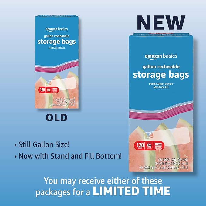 Amazon Basics Reclosable Gallon Food Storage Bags | Stand & Fill Base | 120 Count | Pack of 2