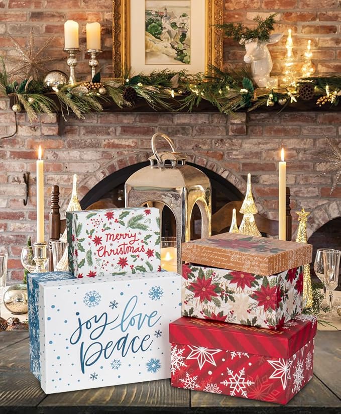 Rectangle Gift Boxes with Lids 4PCS Christmas Gift Box for Presents Nesting Assorted Sizes Present Boxes for Christmas Birthday Valentines Party Gift Wrap